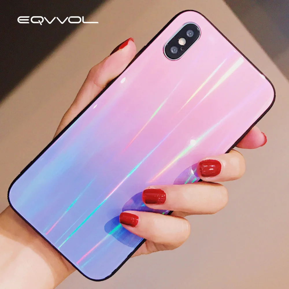 Goedkoop Eqvvol Laser Gehard Glas Case Voor iphone X 8 7 Plus Hybrid Hard Glas Zachte TPU Spiegel Gloss Cover Voor iPhone 6 6 S Plus Capa