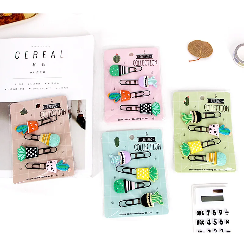 

Creative Stationery Cartoon green cactus soft silicone colorful paper clip kawaii bookmark 4 colors/set school office suppies