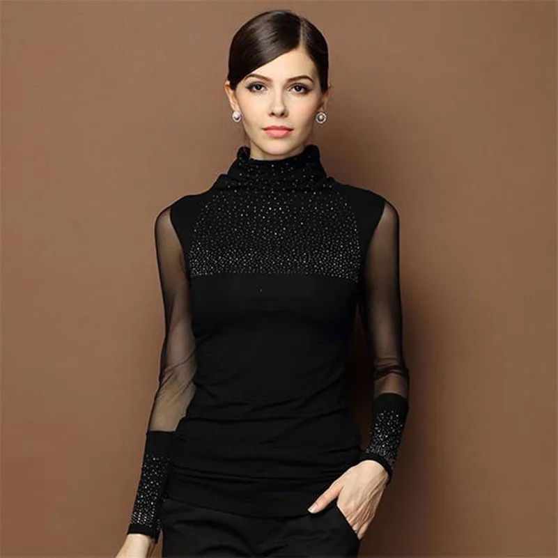 

See Through Transparent Turtleneck Mesh Women Blause 2016 Sexy Long Sleeve Diamond Tshirt Shirt Sheer Tops Tee Plus Size
