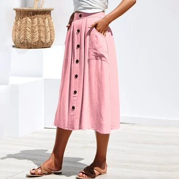 

Fashion Pleated Skirt With Pockets Women's Casual High Waist Skirt Loose Button Skirt