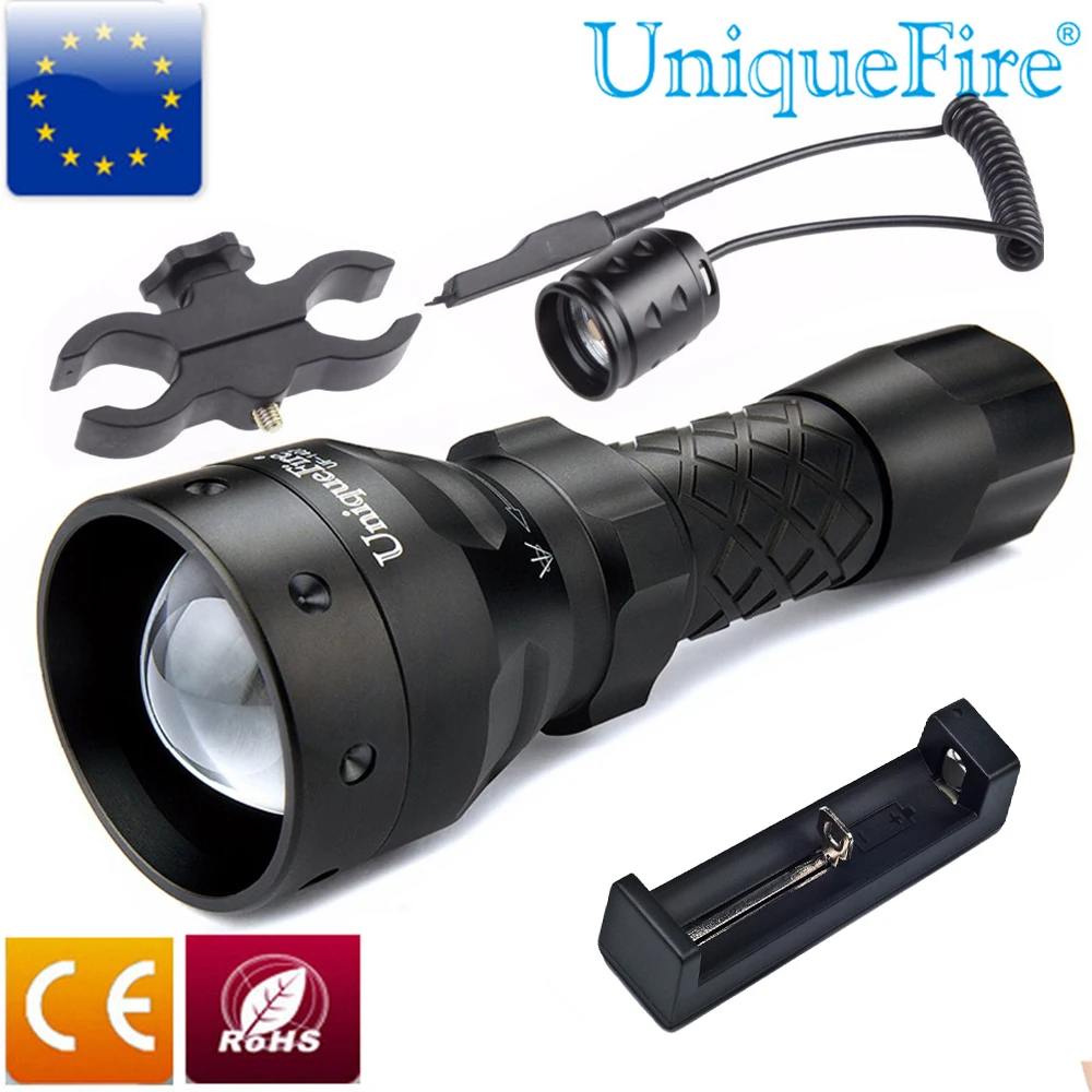 

UniqueFire Tactical Shooting Torch Flashlight UF-1407 T38 IR 850NM Black Zoomable For Hunting+Charger+ScopeMount+Rat Tail Switch