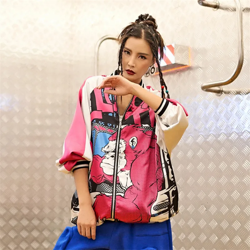 Goedkoop Vintage gorilla print treench leuke hawaii hip hop vrouwen straat jas casual rits track oversieze lente herfst basic jas