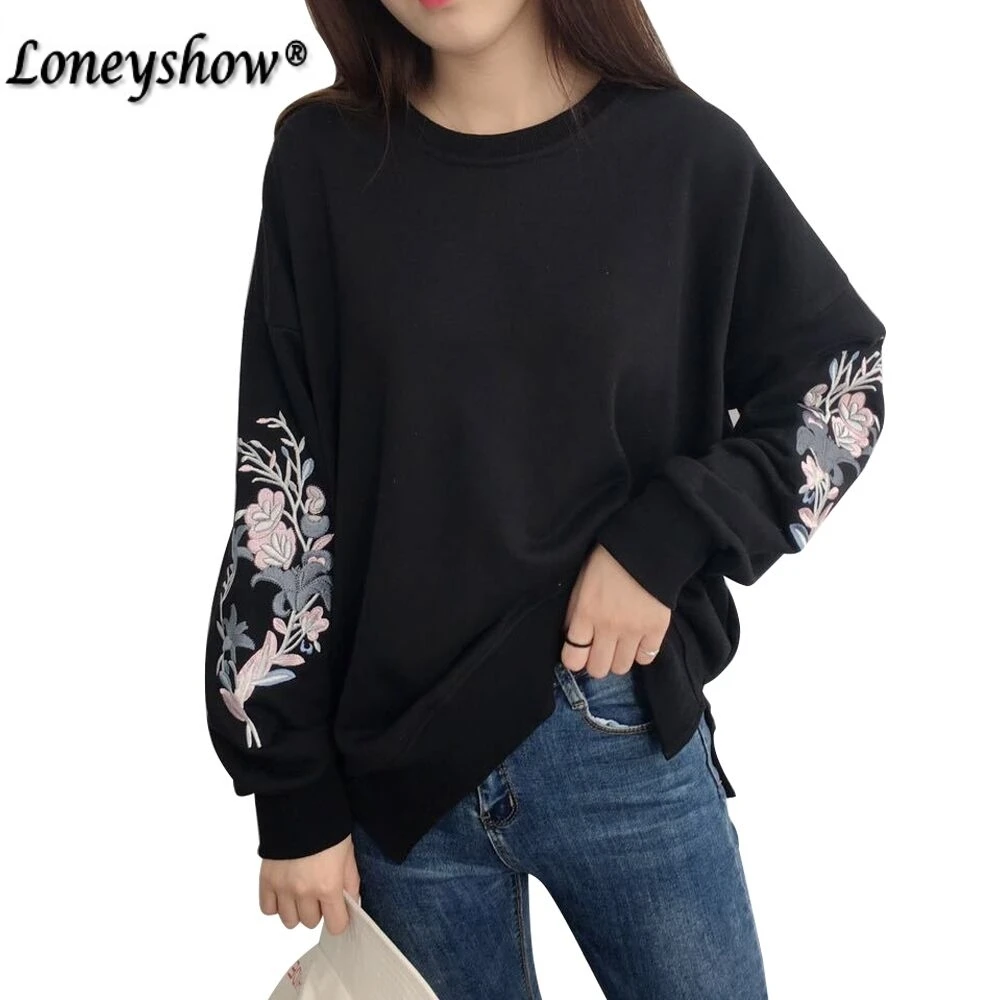 Rose Embroidery Black Hoodies Sweatshirt Women Cropped Hoodie 2017