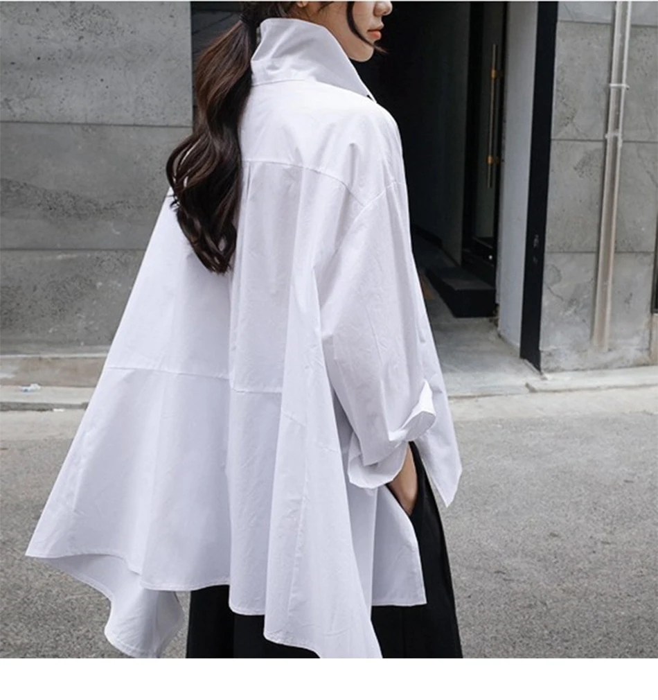 Однотонная белая рубашка женские топы и блузки офисные женские отложной воротник Необычные с длинным рукавом дизайнерские Карманы Женская туника рубашка