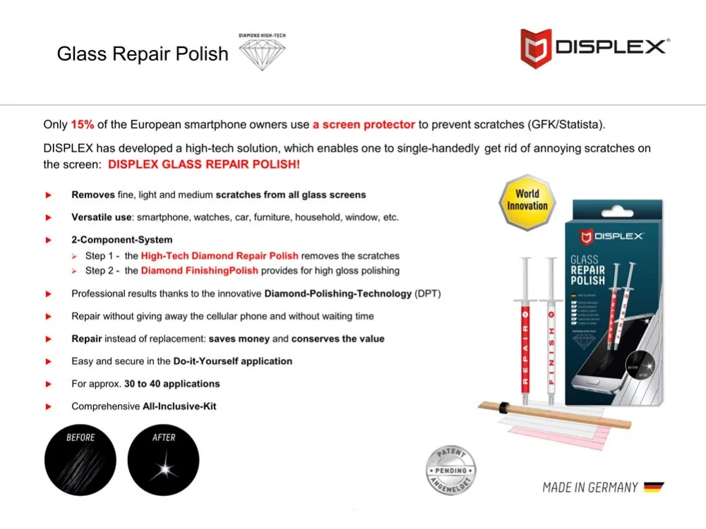 Германия DISPLEX Scratch Remover стекло Ремонт польский для удаления царапин со смартфона экран лобовое стекло автомобиля часы оконные рамы