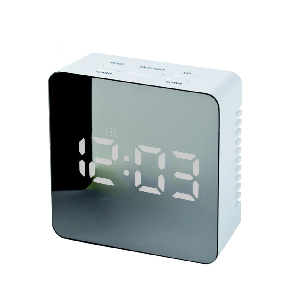 Многофункциональный светодиодный немой зеркальный будильник цифровые часы дисплей время светодиодный светильник Настольный будильник - Цвет: White square