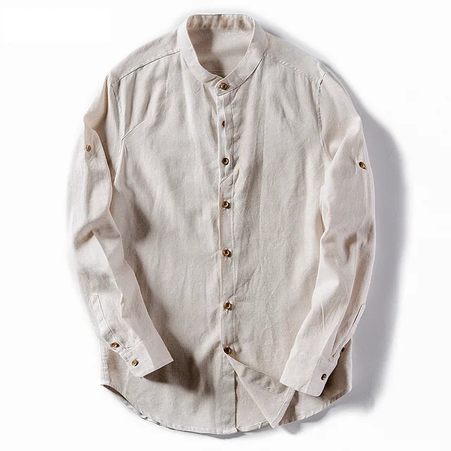 NEW Men Shirts Linen Solid Stand Collar Flax Shirt Men Slim Casual Mens Shirt XXL Clothes Made