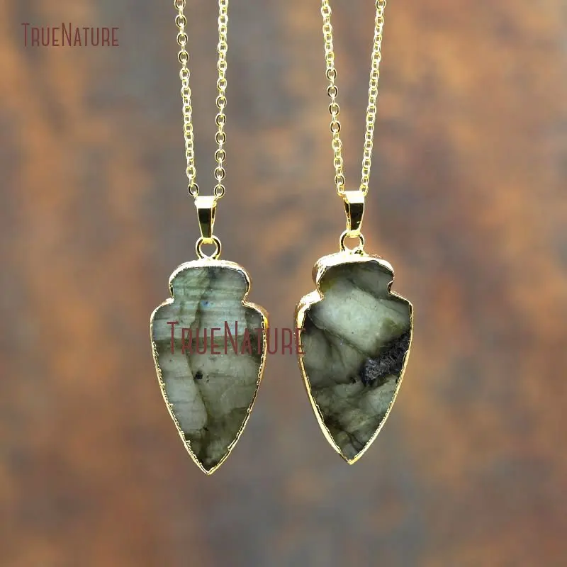 4 pcs Natural Labradorite Pendant Bead,Plated Arrowhead Handmade Gemstone Peacock Shining Labradorite Arrow DIY Jewelry Making PD262