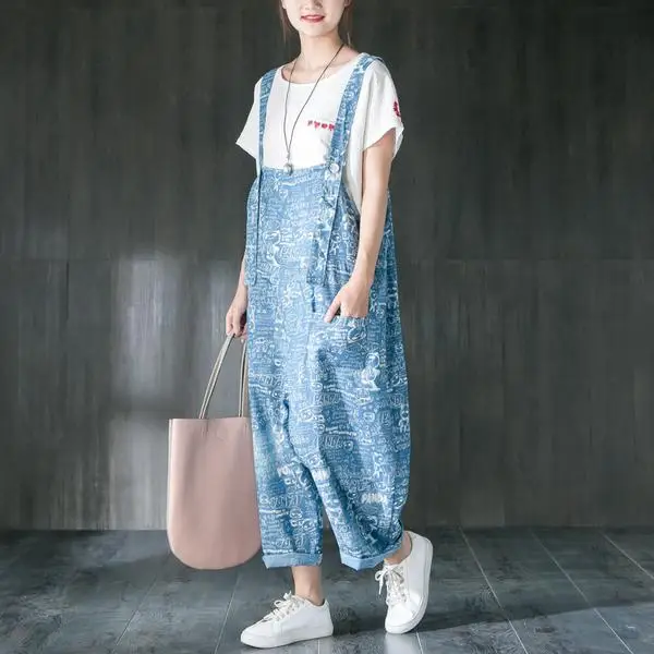 Buykud Cartoon Print Denim Jumpsuit Romper Women Summer Casual Loose Overall Holiday Ankle Length Wide Leg Pants Female Dungaree (6)