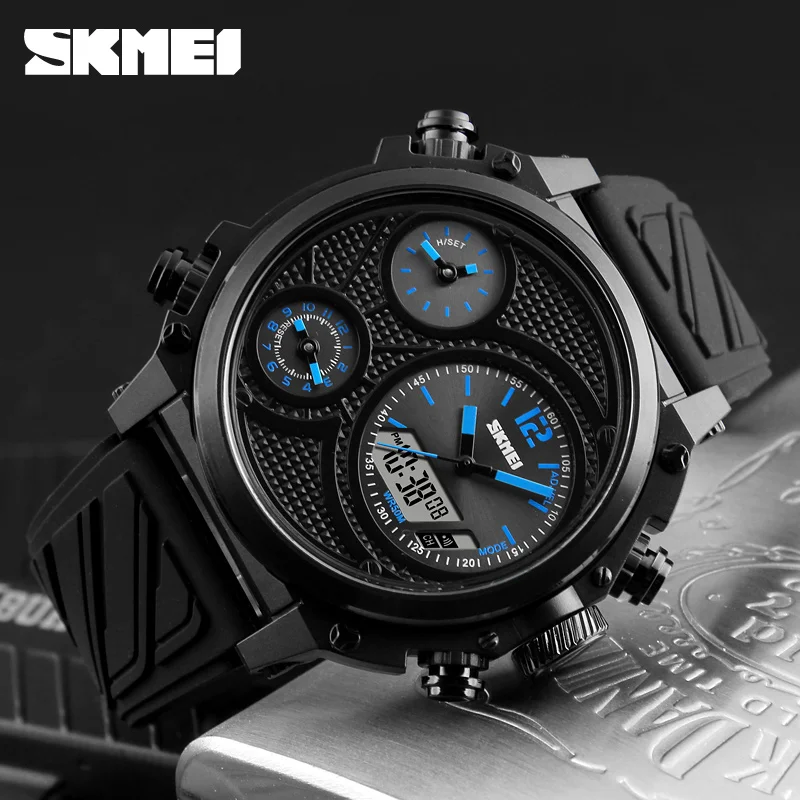 

SKMEI 1359 Men Fashion Watches 5 Time Alarm Chrono EL Light Digital Analog Multi Dial 50m Waterproof Week Date Wristwatches