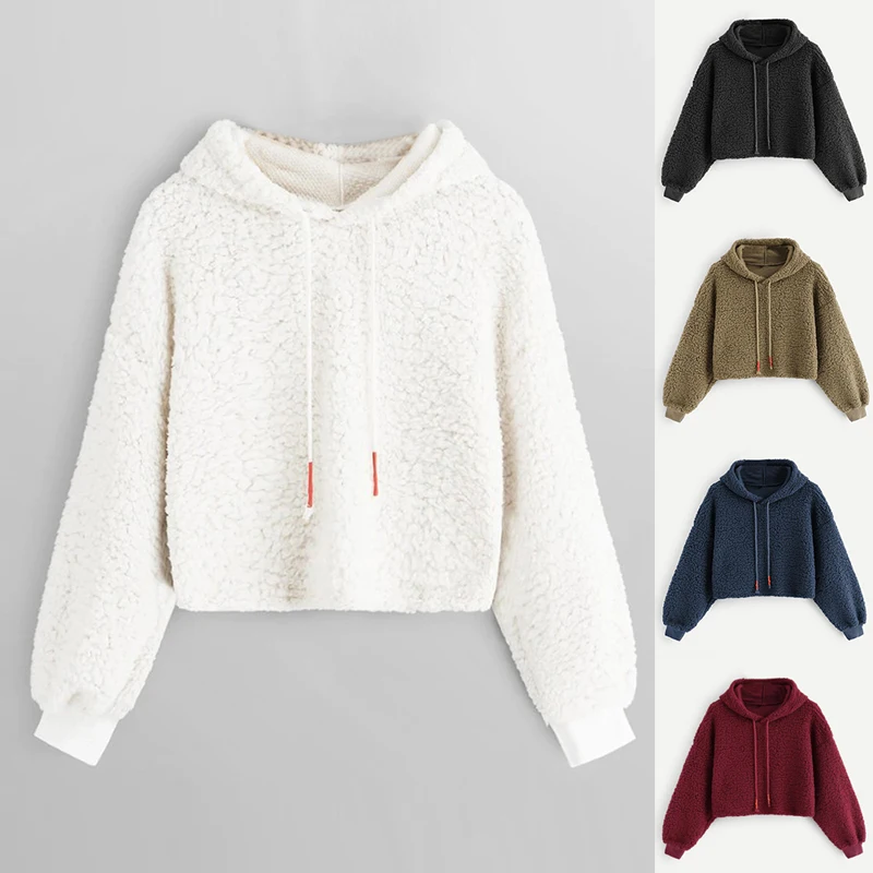 

Vertvie 2019 Autumn Sweatshirts Women Casual Loose Teddy Hoodie Fashion Pullovers Short Crop Top Winter Sweater Hoodies Female