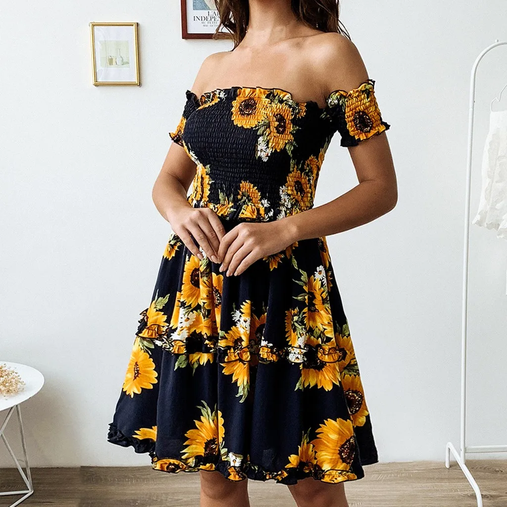 

Sunflower Printed Fashion Women's Dress Spring And Summer Casual Female Short Sleeve Dress Female Clothes jurken zomer 2019