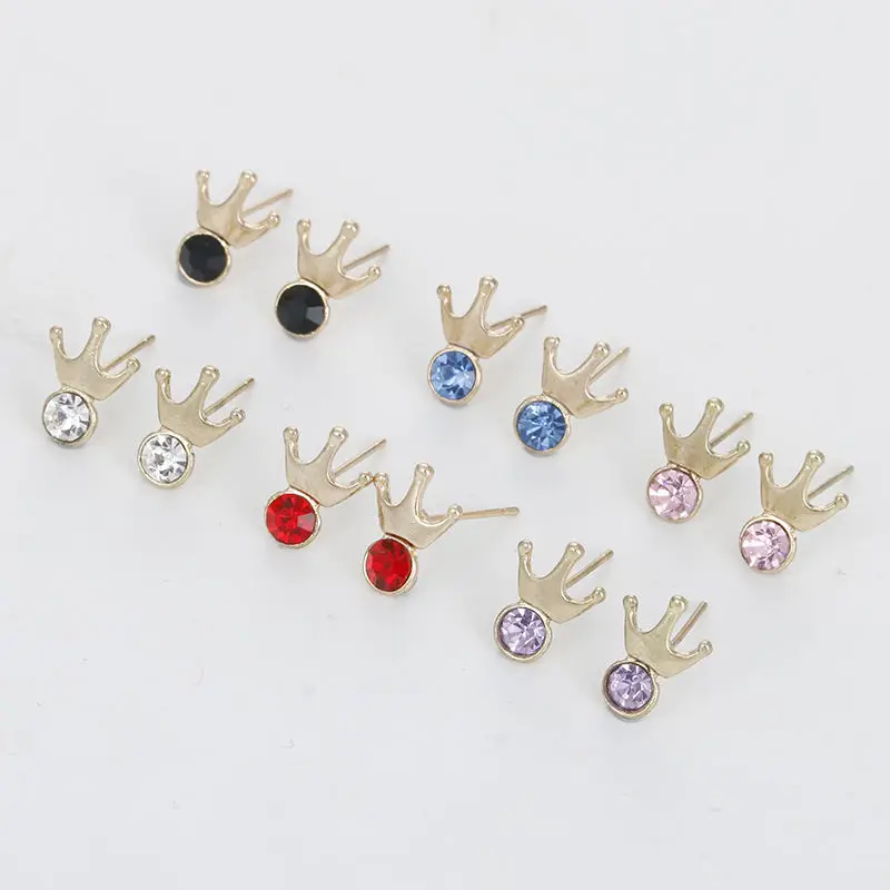 

Multi Color Crystal Rhinestone Stud Earrings Set For Girls Korean Style Mini Gold Crown Stud Earrings Bridal Wedding Accessories