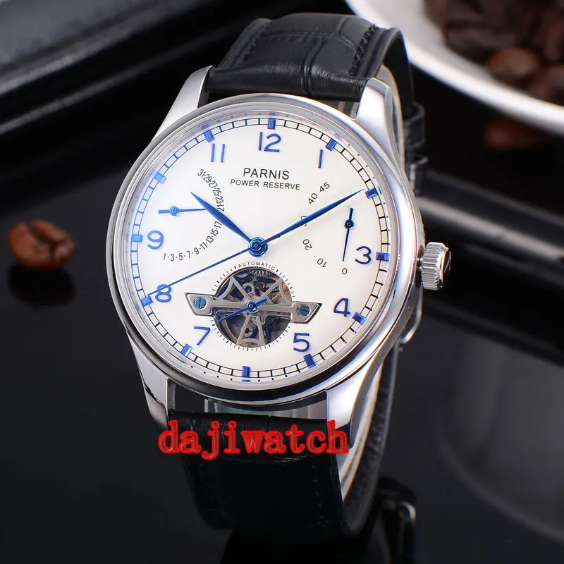 43 мм часы Parnis белый циферблат Запас хода указатель Чайка 2505 автоматические механические мужские часы PN-235D - Цвет: black strap