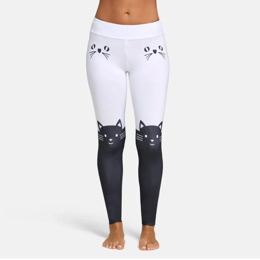 Fashion Women Leggings Mid Waist Cat Print Color Block Skinny Pants