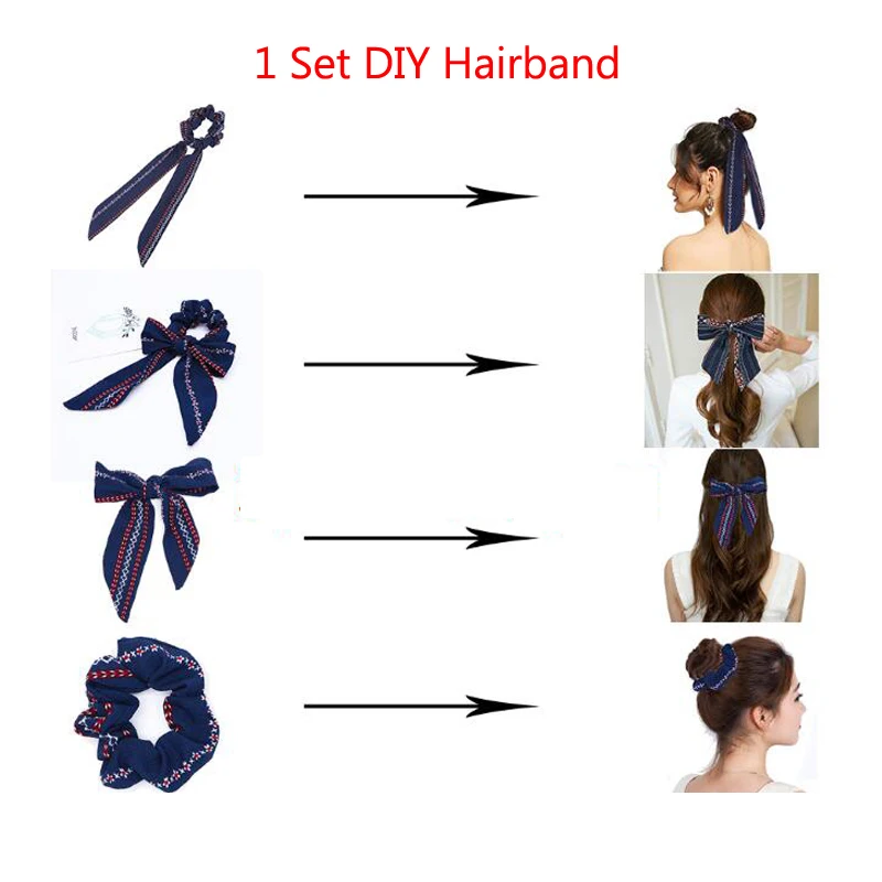 Vintage Women Bowknot Streamers Scrunchies Hair Scarf Ponytail Holder Headband Elastic Hair Ties for Girls Hair Accessories