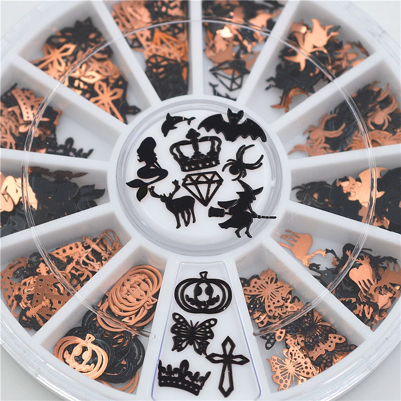 

12 shapes 3D Metal Halloween Slice Black Nail Stickers Foil Wheel beauty Styling Accessories Tools