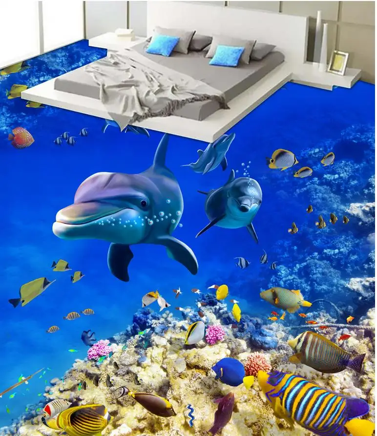 

3d flooring Blue ocean dohphin PVC waterproof floor self-adhesive 3D floor Home Decoration