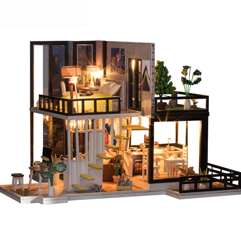 

DIY Doll House Wooden Miniature dollhouse Miniature Doll House With Furniture Kit Villa LED Lights Birthday Gift