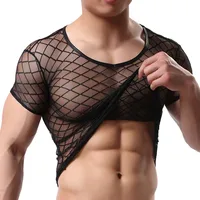 Men Sexy Mesh Transparent T-Shirt Japan And South Korea Fashion 2020 Slim Casual Lattice Non-Mainstream Fun Party Men T-Shirts