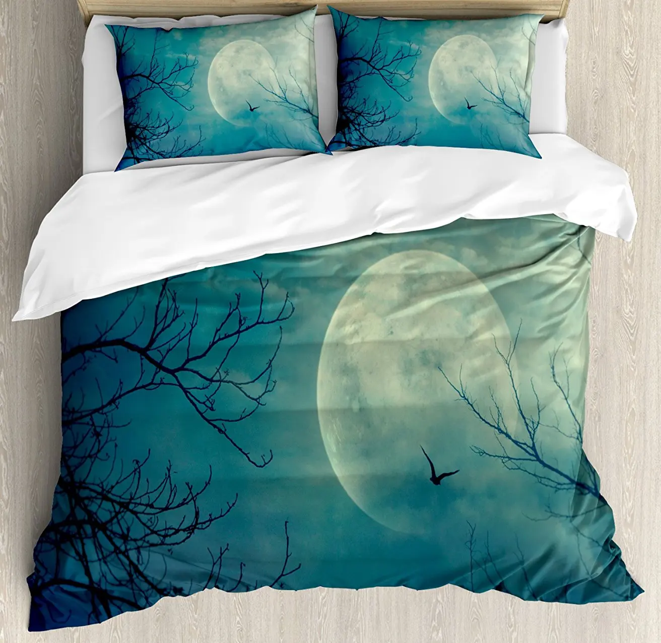 

Duvet Cover Set, Halloween with Full Moon in Sky and Dead Tree Branches Evil Haunted Forest, 4 Piece Bedding Set
