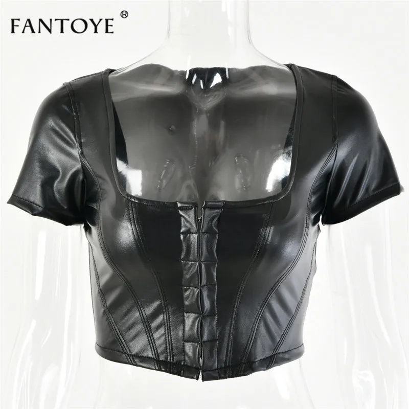 Fantoye PU Leather Bodycon Women Crop Top Sexy Black Summer Autumn Mini Tank Top Femme Sexy Party Haut Ladies Bustier Short Tops - Цвет: Black