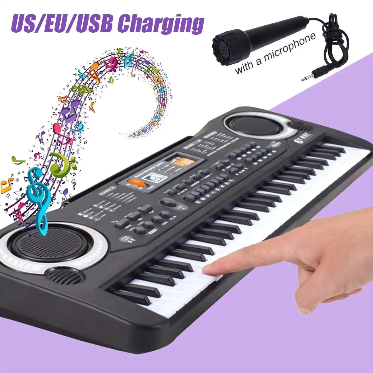 

61-Key USB/US/EU Plug Electric Digital Key Board Piano With Keyboard & Microphone Musical Instruments Kids Toy Gift Black