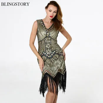 

BLINGSTORY Retro Vestido De Festa Vintage 1950s Great Gatsby Fringe Flapper Dress V-neck Art Dec Sequin Dresses Party