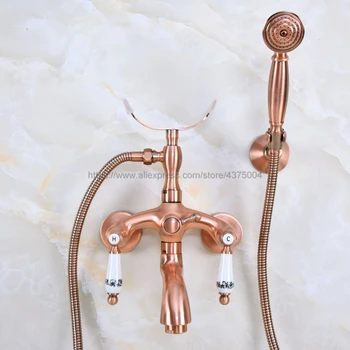 

Antique Red Copper Bathroom Clawfoot Bath Tub Faucet Mixer Tap Ceramic Handle Hand Shower Head Nna365