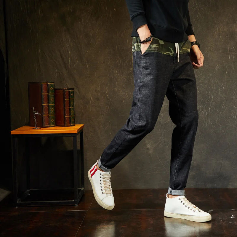 Большие размеры мужские джинсы 2018 Осенние Новые камуфляжные эластичные джинсы черные из денима узкие брюки фирменная одежда 5XL 6XL 7XL