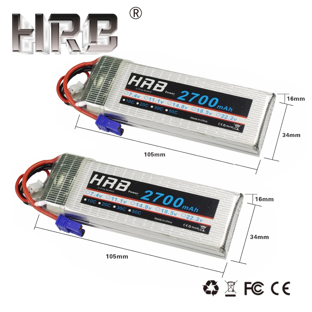 

2PCS HRB Lipo Battery 2S 7.4V 2700mah 10C EC2 RC Parts For Hubsan H501A H501C H501S x4 Pro H501M Drone Quadcopter Airplane Car