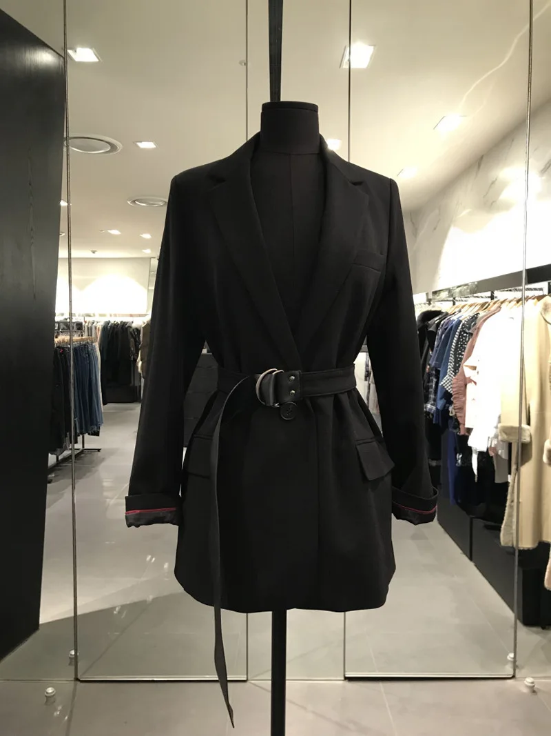 Женская куртка весна корейский стиль черный пояс Длинный блейзер женский офисный Женский блейзер