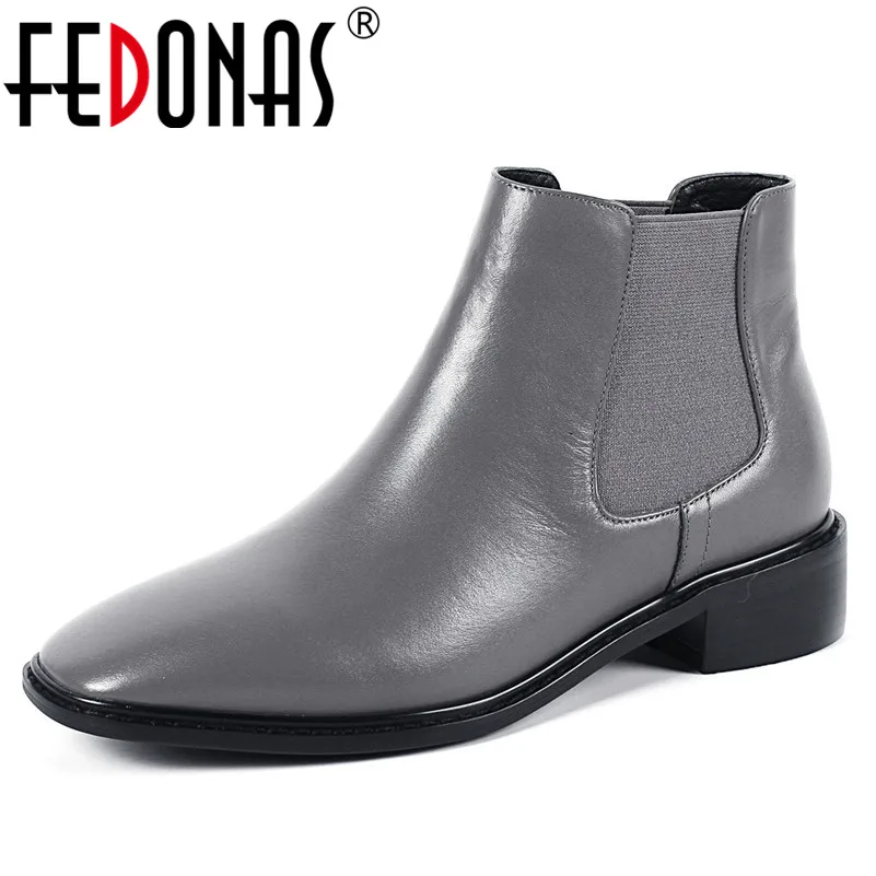 

FEDONAS Basic Boots Women Genuine Leather High Heels Slip On Motorcycle Boots Square Toe Short Martin Shoes Woman Office Pumps