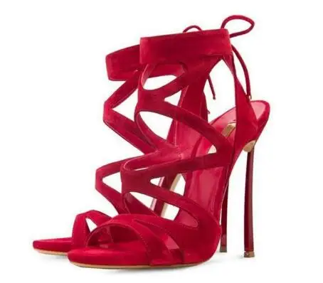 

Red open toe high heel lace-up sandals for ladies Fashion peep toe super high thin heel sandals Female summer dress shoes