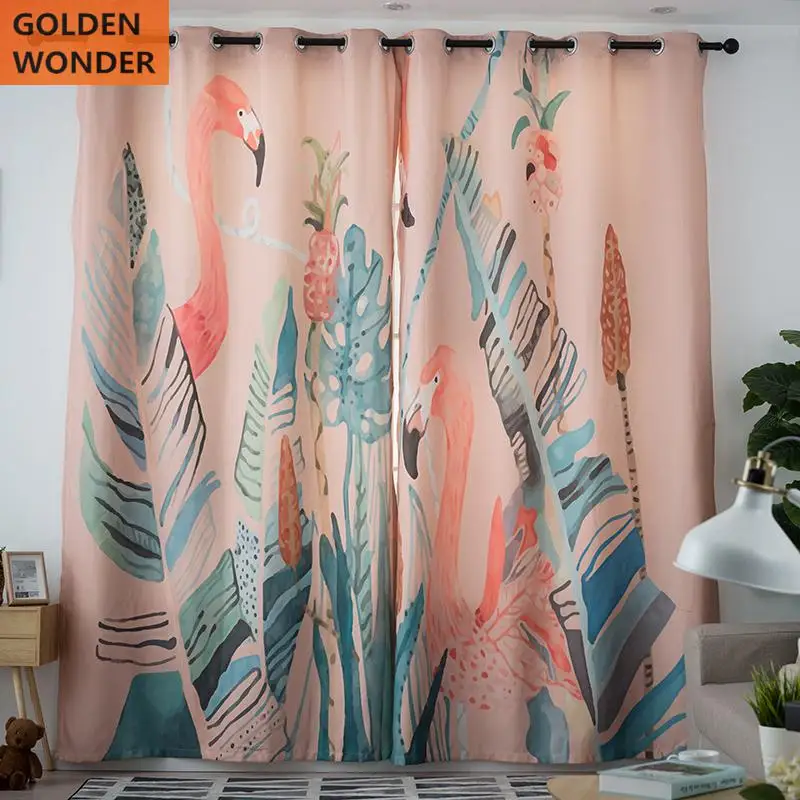 

Modern Simple Style Flamingo Leaf Printing Window Curtain Living Room Finished Drapes Customized Curtain