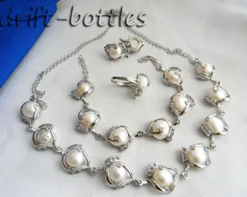 

12MM White Baroque Freshwater Pearl Zircon Necklace Bracelet Earring Ring Set