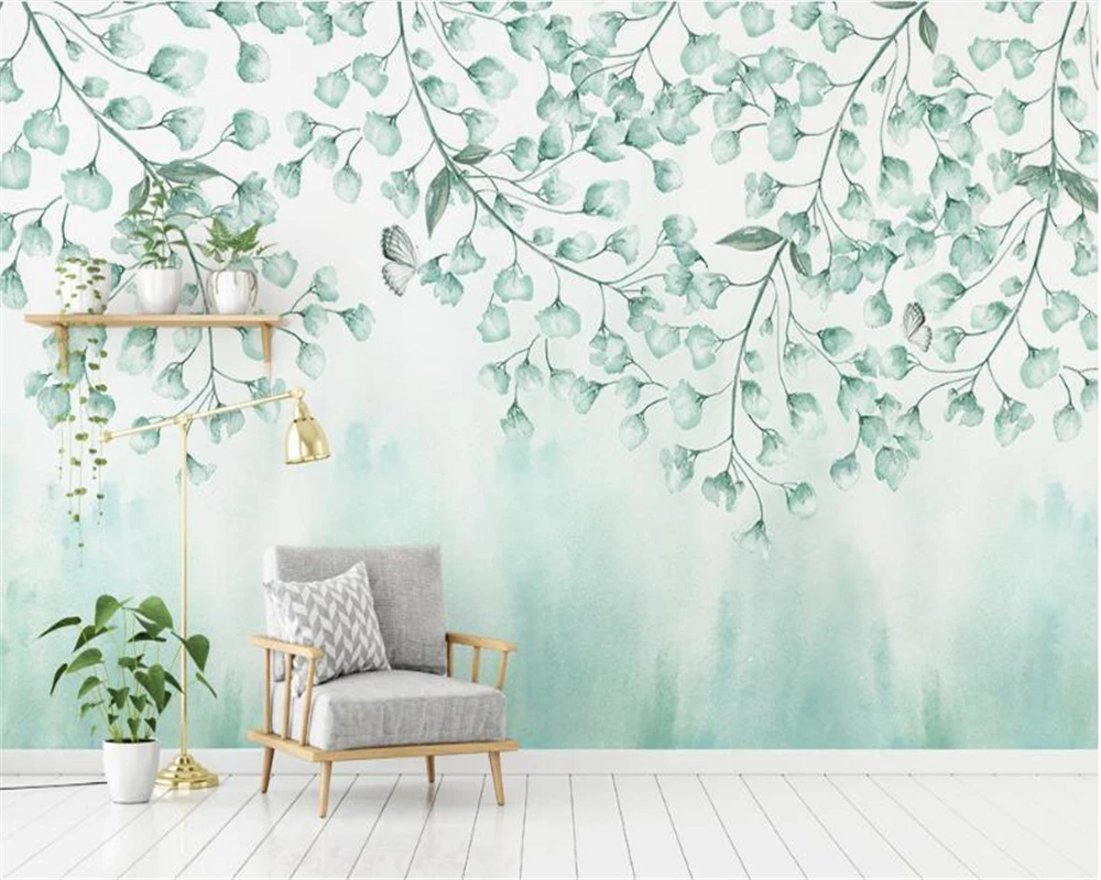 beibehang Fashionable silk cloth wall paper fresh green leaves watercolor style northern Europe simple background 3d wallpaper railway empire northern europe pc