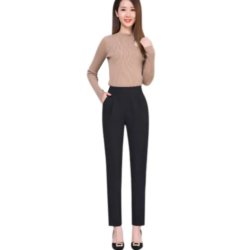 Осенние женские длинные брюки шаровары модные эластичные талии повседневные тонкие женские брюки рабочая одежда для офисных леди - Цвет: Черный