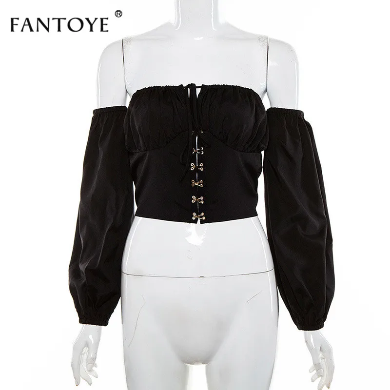 Fantoye, модные женские топы с открытыми плечами, Летние шифоновые блузки с длинным рукавом на шнуровке, Повседневный пуловер, женские рубашки - Цвет: Black