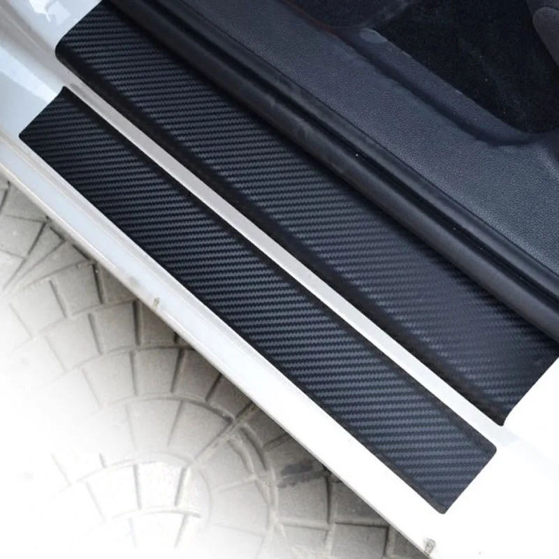 4Pcs Black Car Door Plate Stickers 3D Carbon Fiber Sill Scuff Cover Anti Scratch