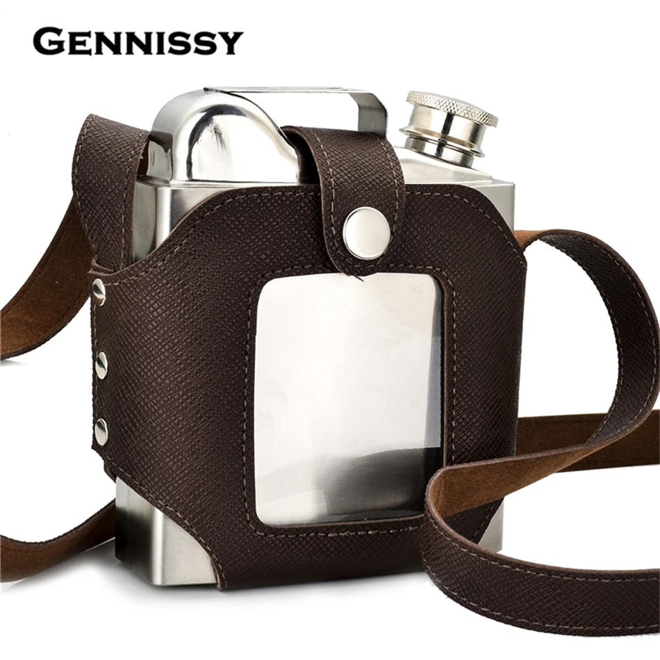 GENNISSY Big Capacity 18 OZ Stainless Steel Whiskey Flasks Removable Brown Transparent Holster Buckle Hip Flask