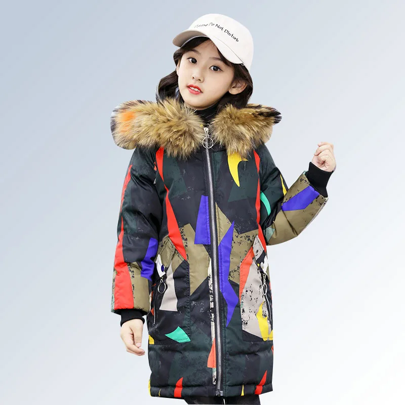 

Kids Winter Down Jacket Girls Camouflage Children Winter Jacket Parkas Long Fur Hooded Warm Teenage Girls Coats for 6 8 12 Years