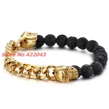 Charming Black Beads Skull Bracelet For Women’s Men’s Lava Stone Beads Men’s Gold Cuban Curb Chain Bracelets Pulseras Jewelry