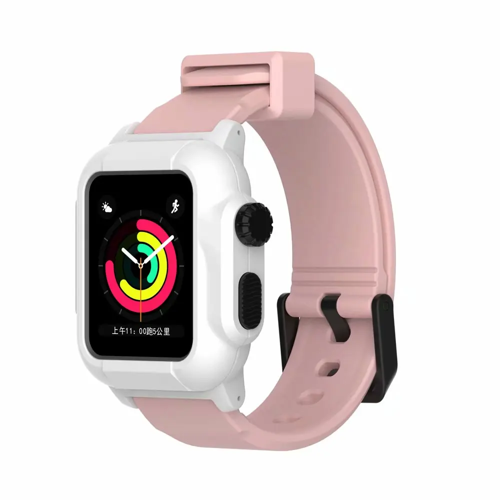 Роскошные IP68 Водонепроницаемый силиконовый ремешок для Apple Watch группа 42 мм Iwatch Sport плавательный группы с Защитный чехол серии 3 2 - Цвет ремешка: Pink White case