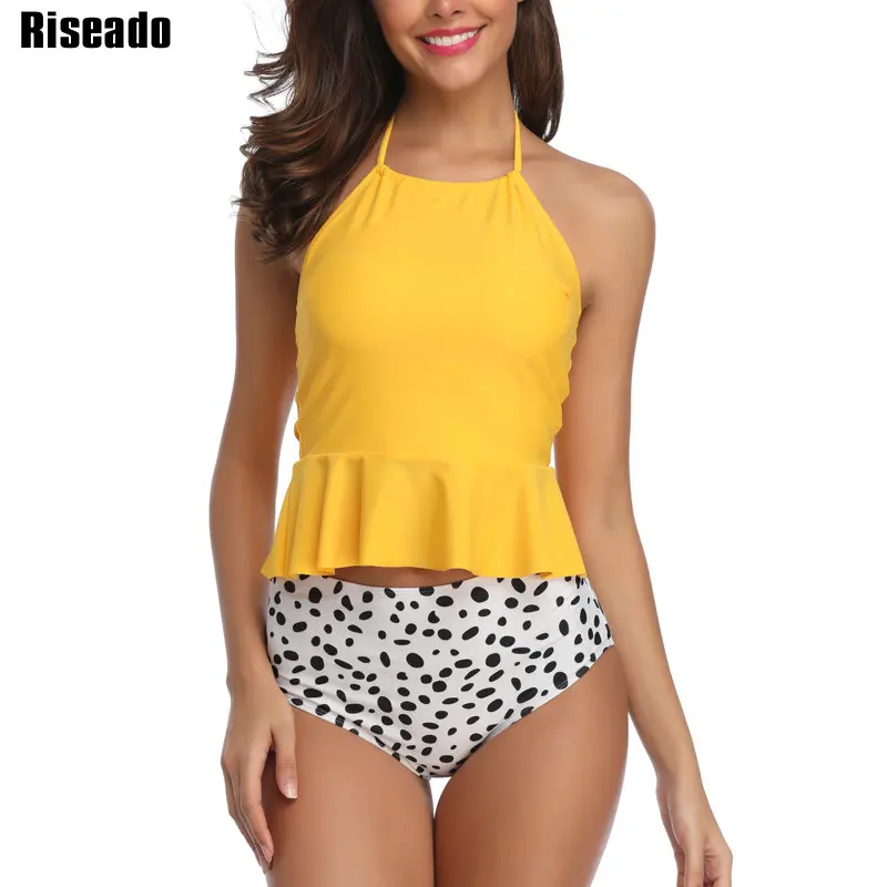 

Riseado 2019 Swimwear Women Sexy Ruffle Tankini Two Piece Swimsuit Solid Strap Halter Bathing Suits New Summer Beachwear