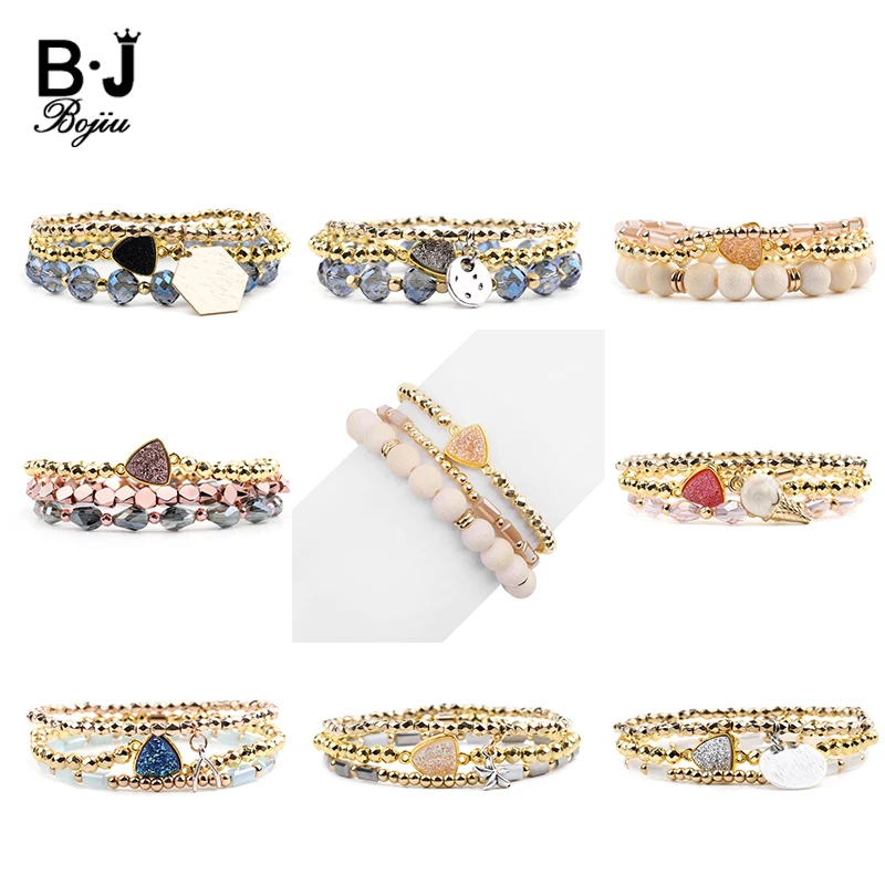 

BOJIU 8 Styles Natural Druzy Charm Bracelets Boho Drusy Matte Glass Rose Gold Hematite Crystal Statement Bracelets Lady BCSET294