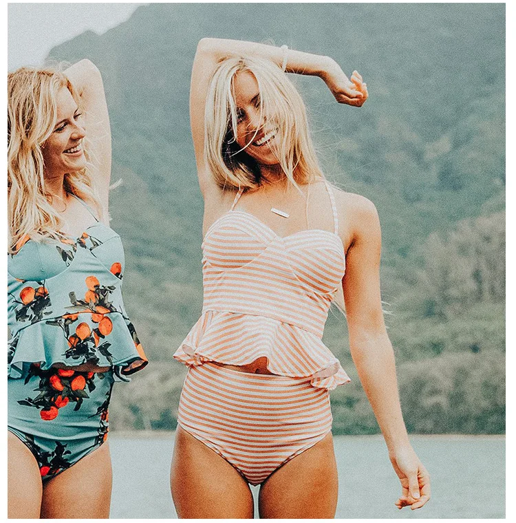 Ruffled-hem-cover-belly-high-waist-slim-printed-stripe-retro-woman-swimsuit_02