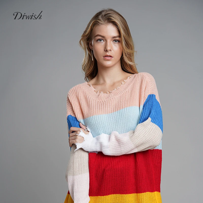 

Diwish Sweaters Women Rainbow Sweater Pullover Women Loose Knitwear V-Neck Long Sleeve Pink Sweater Two Surface Wear Autumn 2019