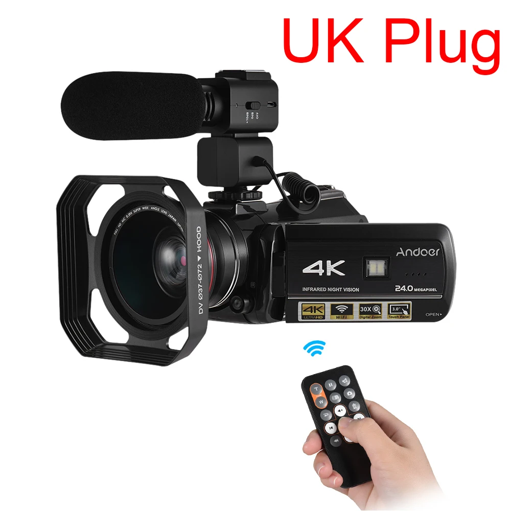 Andoer AC3 4K Цифровая видеокамера WiFi ИК ночного видения сенсорная видеокамера w/0.39X широкоугольный объектив+ бленда+ микрофон - Цвет: UK Plug
