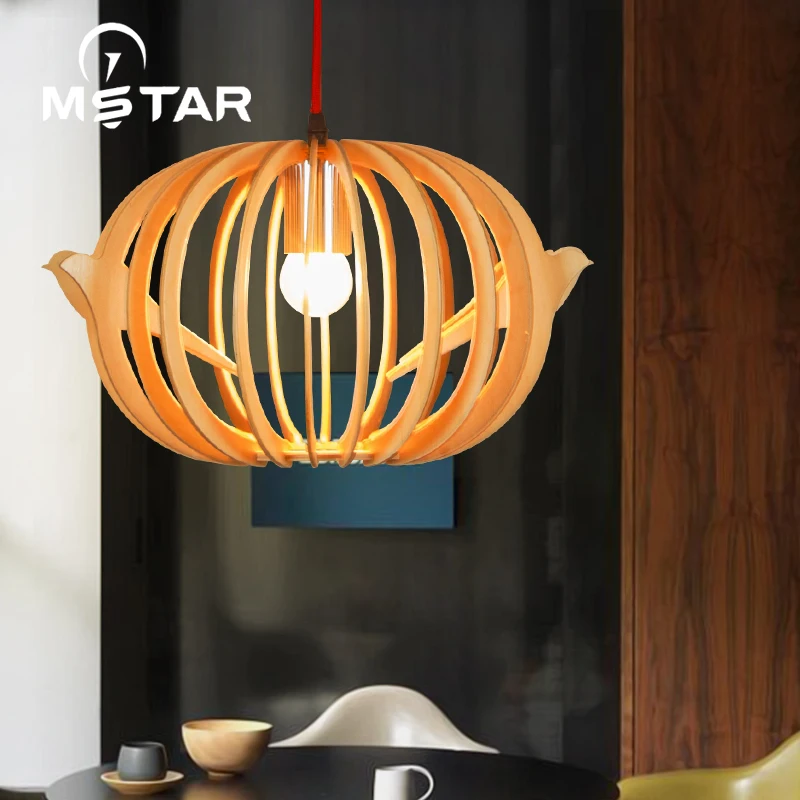 

Chinese wooden pumpkin pendant light weaving art bedroom study corridor balcony lamp